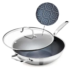 Blue Diamond Hybrid Nonstick Stainless Steel 12” Wok with Lid, PFAS-Free Ceramic Diamond Surface Stir-Fry Pan, Induction Ready, Dishwasher & Oven Safe, Metal Utensil Safe, Stay-Cool Handle, Silver