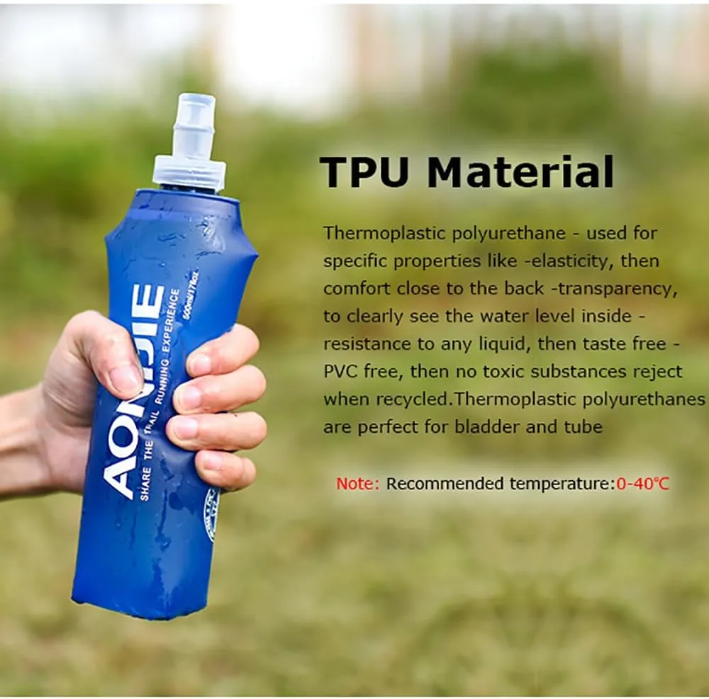 BlueField Five types of sports water bottle Soft Flasks TPU Collapsible Foldable Water Bottles for Hydration Pack Running Hiking Cycling Climbing (A#500ml SoftFlask)