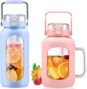BLUEGO 64oz and 64oz Glass Water Bottles Bundle(64 LBlue   64 Pink) with Straw and Lids Handle Large Water Bottle with Sleeve, Half Gallon Water Jug, Glass Water Container, BPA Free