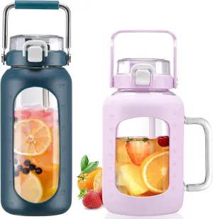 BLUEGO 64oz and 64oz Glass Water Bottles Bundle(64 Navy   64 Purple) with Straw and Lids Handle Large Water Bottle with Sleeve, Half Gallon Water Jug, Glass Water Container, BPA Free