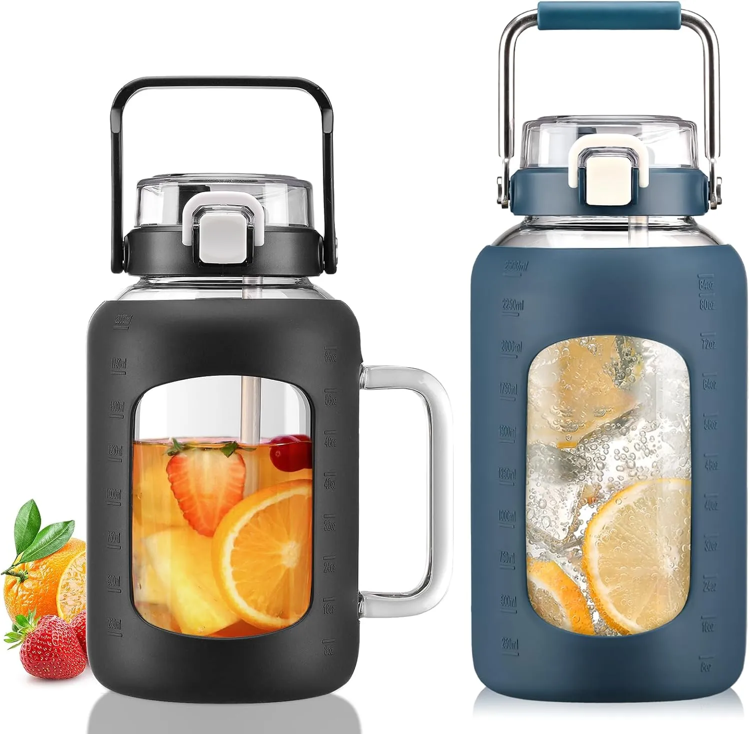 BLUEGO 64oz and 84oz Glass Water Bottles Bundle(64 Black   84 DBlue) with Straw and Lids Handle Large Water Tumbler with Sleeve, Glass Water Container, 2 Liter Water Jug Glass, BPA Free