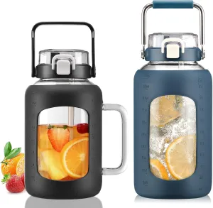 BLUEGO 64oz and 84oz Glass Water Bottles Bundle(64 Black   84 DBlue) with Straw and Lids Handle Large Water Tumbler with Sleeve, Glass Water Container, 2 Liter Water Jug Glass, BPA Free