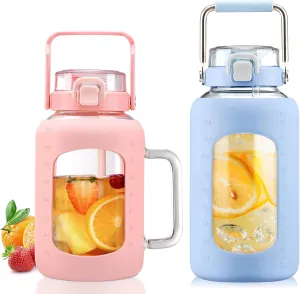 BLUEGO 64oz and 84oz Glass Water Bottles Bundle(64 Pink   84 Blue) with Straw and Lids Handle Large Water Tumbler with Sleeve, Glass Water Container, 2 Liter Water Jug Glass, BPA Free