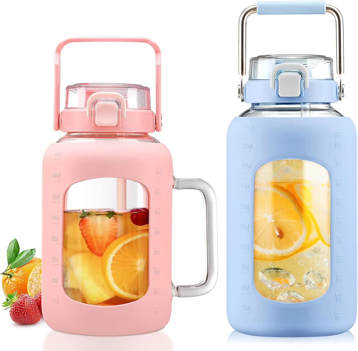 BLUEGO 64oz and 84oz Glass Water Bottles Bundle(64 Pink   84 Blue) with Straw and Lids Handle Large Water Tumbler with Sleeve, Glass Water Container, 2 Liter Water Jug Glass, BPA Free