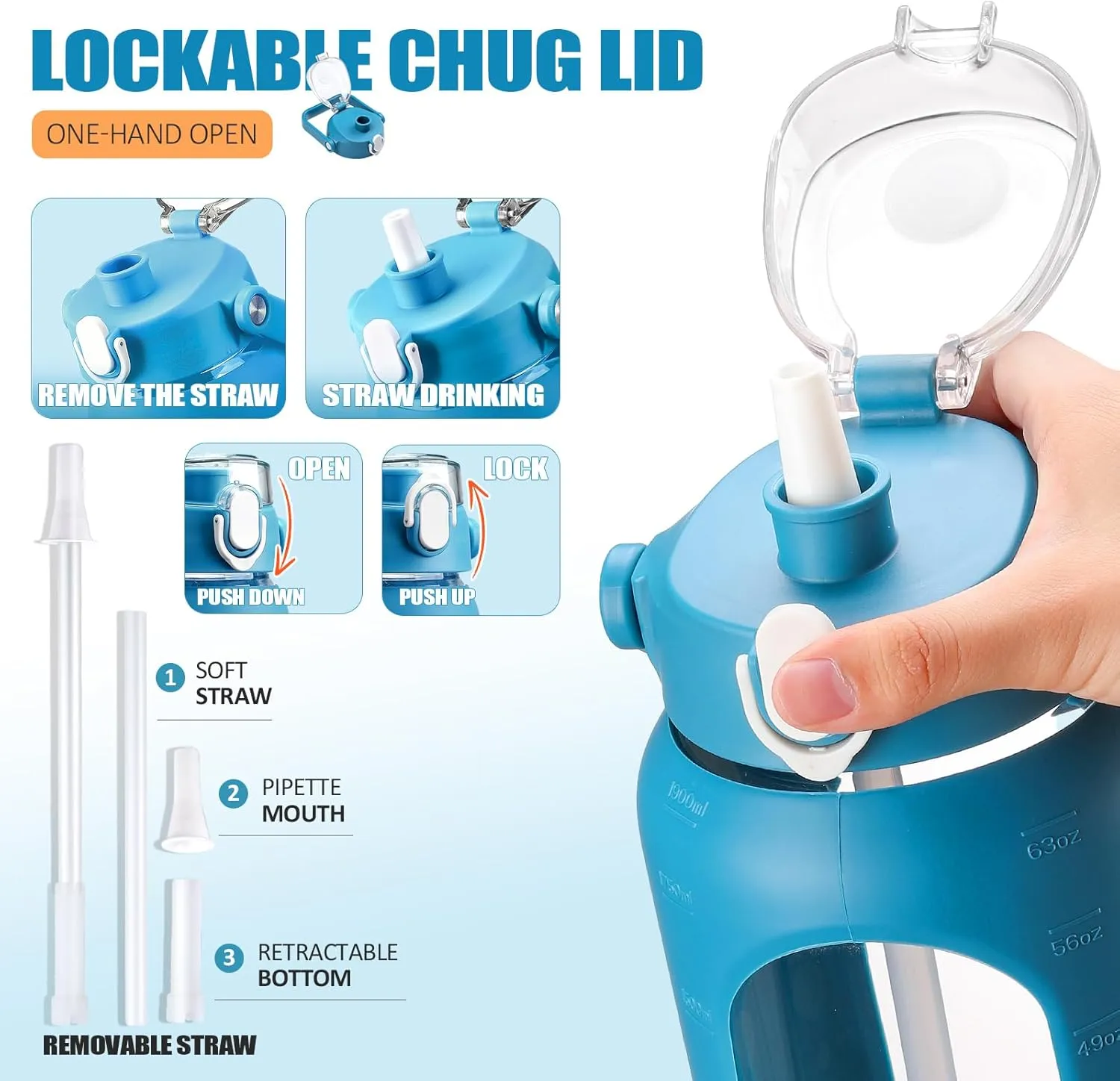 BLUEGO 64oz Glass Water Bottles with 2 Lids Flip Lid and Spout Lid Half Gallon Water Bottle with Straw 2L Large Water Bottle with Time and Capacity Markers for Gym Home Office Leak-proof, Blue