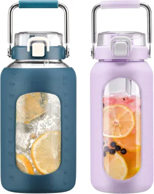 BLUEGO 84oz and 64oz Glass Water Bottles Bundle(84 Dark Blue   64 Purple) with Straw and Stainless Steel Handle, Large Water Bottle with Sleeve, Half Gallon Water Jug, Glass Water Container, BPA Free