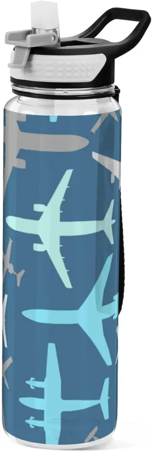 Boccsty Airplane Blue Plane Kids Water Bottle with Straw Sports Bottles BPA-Free Tritan Plastic Water Jug for Women Men Gym Outdoors