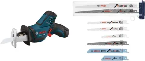 BOSCH 12-Volt Max Pocket Reciprocating Saw Kit PS60-102, Blue and RSAP8PK 8 pc. All-Purpose Reciprocating Saw Blade Set