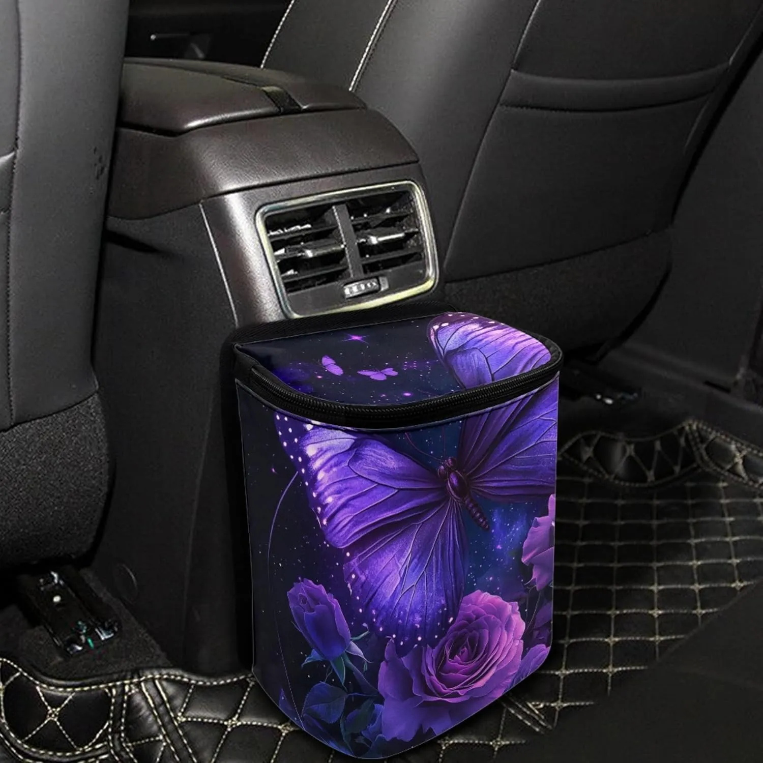 Butterfly Print Car Trash Hanging Bag Purple Butterfly Rose Automative Trash Can Waterproof Collapsible Trash Can Camping Storage Car Trash Can for Back Seat SUV Truck Colorful