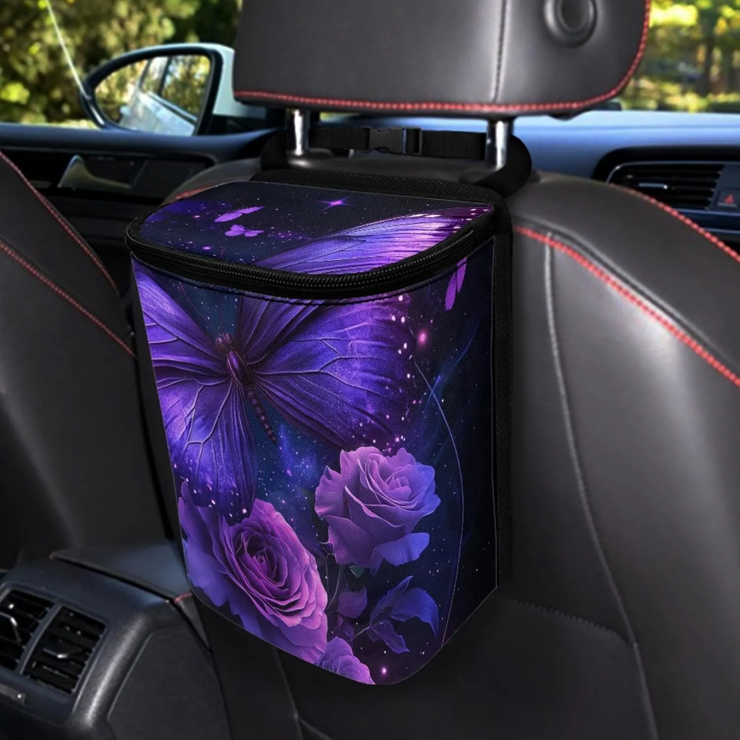 Butterfly Print Car Trash Hanging Bag Purple Butterfly Rose Automative Trash Can Waterproof Collapsible Trash Can Camping Storage Car Trash Can for Back Seat SUV Truck Colorful