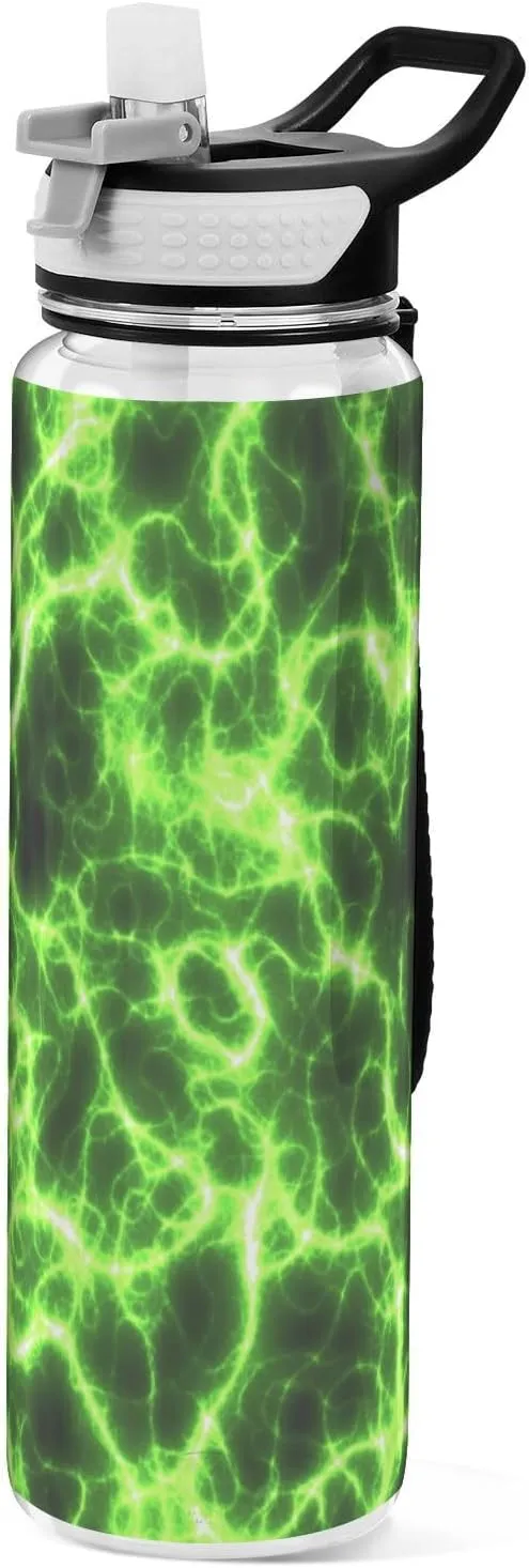 Caikeny Space Electric Lightning Water Bottle with Straw Green Sports Bottles BPA-Free Tritan Water Jug with Carrying Strap for Women Men Gym Outdoor Sports
