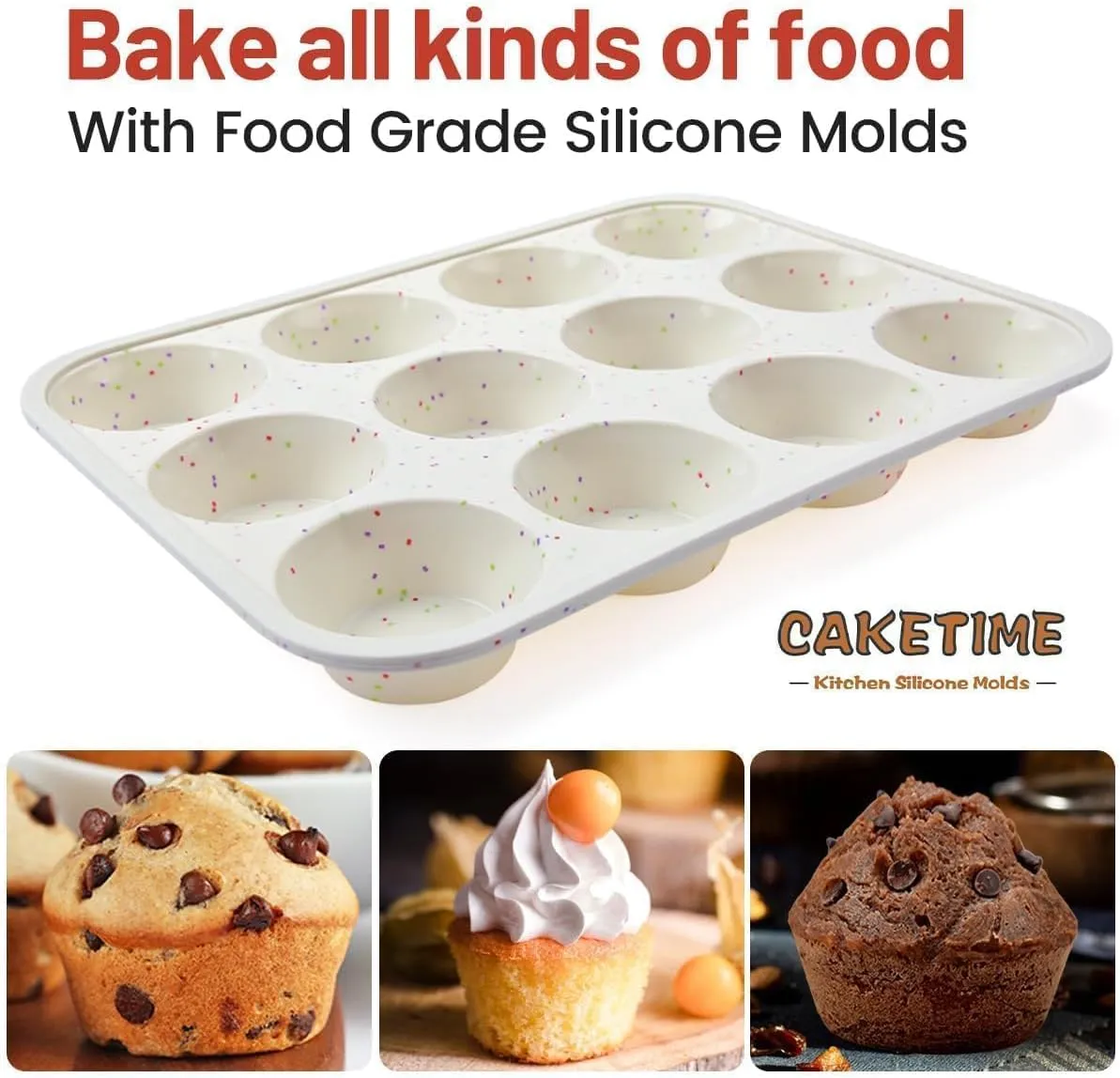 CAKETIME Silicone Muffin Pan, Metal Reinforced Frame Cupcake Pan 12 Cups Regular Size Easy to Move in or Out of Oven Non-Stick (2)