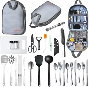 Camping Cooking Utensils Set Camp Kitchen Equipment Portable Picnic Cookware Kit Bag Campfire Grill Utensil Gear Essentials Gadgets Accessories for RV Car, Tent Campers, Outdoor Picnics BBQ