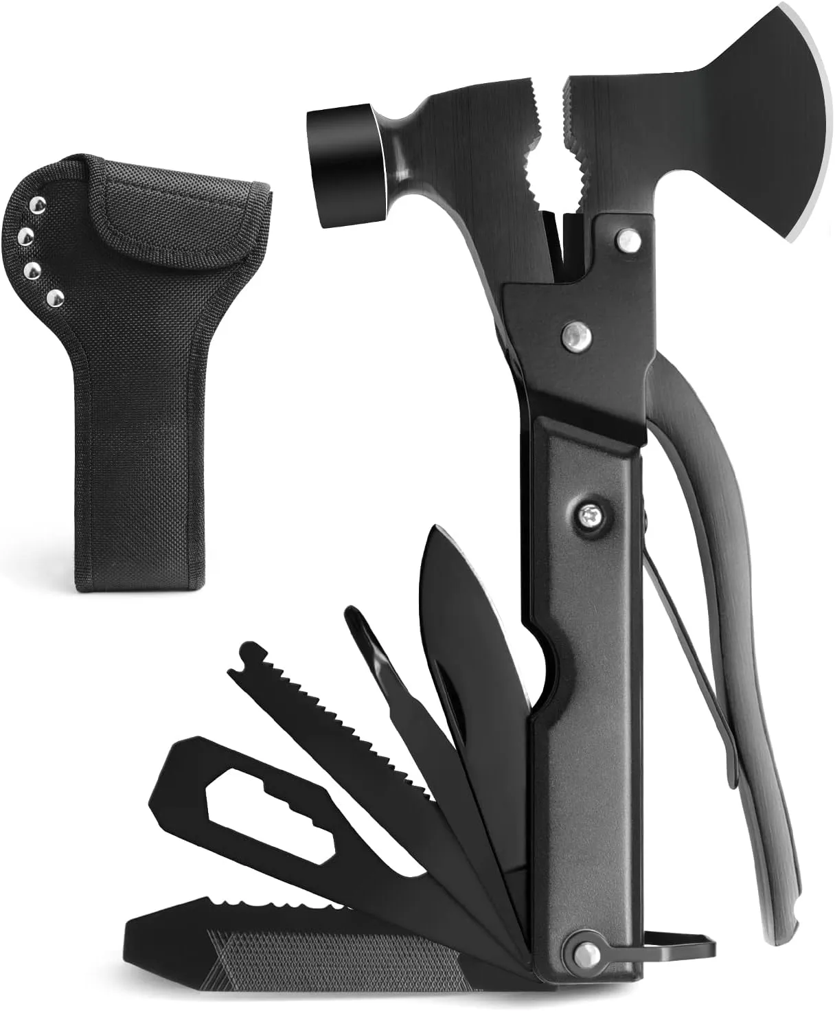 Camping Multitool Accessories Gifts for Men Dad, 18 in 1 Multi Tool Survival Gear with Axe Hammer Pliers Saw Screwdrivers Bottle Opener Whistle & Portable Sheath
