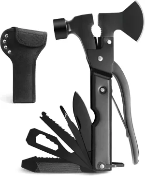 Camping Multitool Accessories Gifts for Men Dad, 18 in 1 Multi Tool Survival Gear with Axe Hammer Pliers Saw Screwdrivers Bottle Opener Whistle & Portable Sheath