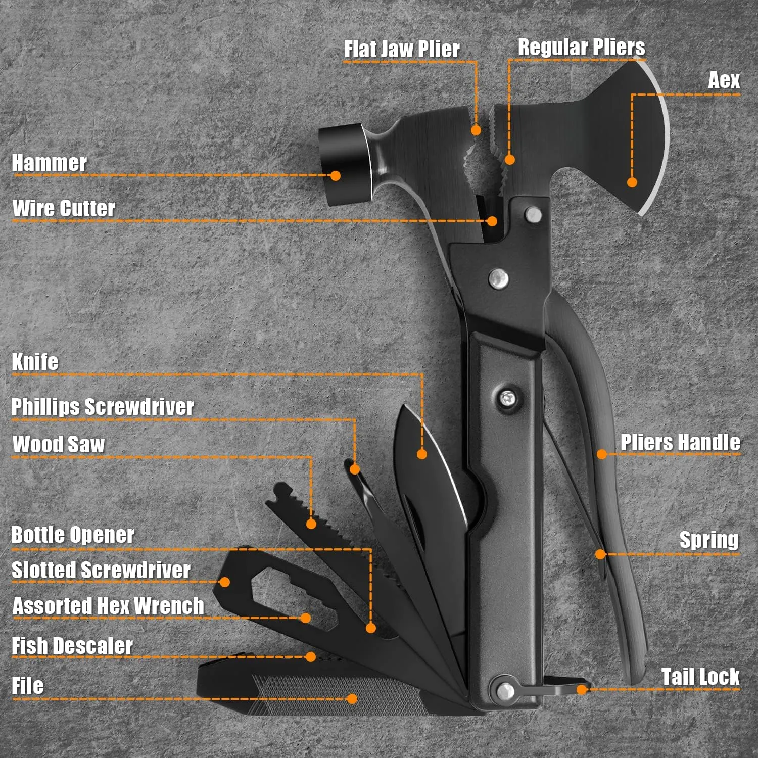 Camping Multitool Accessories Gifts for Men Dad, 18 in 1 Multi Tool Survival Gear with Axe Hammer Pliers Saw Screwdrivers Bottle Opener Whistle & Portable Sheath