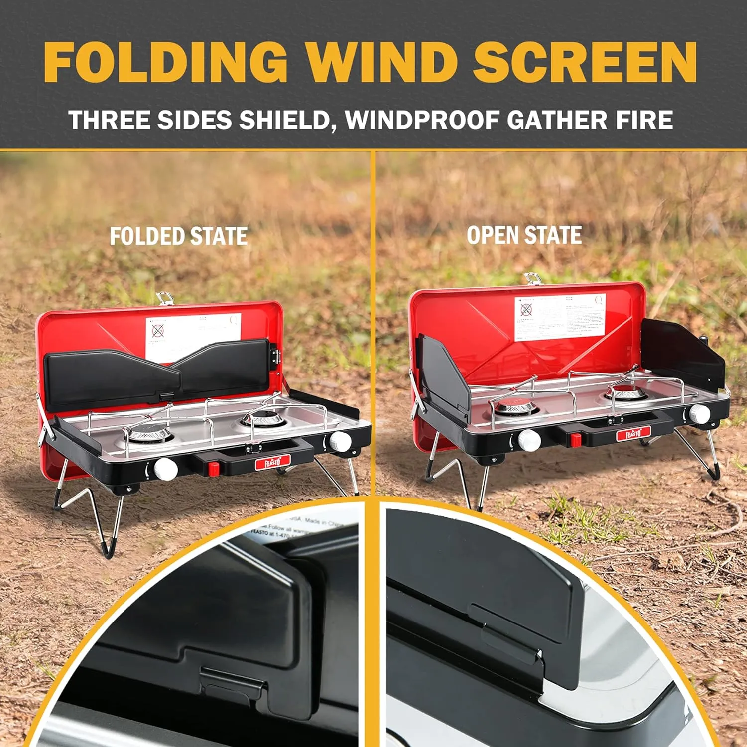 Camping Propane Stove, Portable Camping Grill Stove, Push-Button Ignition, Adjustable Windproof Burners, Wind Guards, Folding Legs, 28,000 BTU Camping Stove, Outdoor Camping Cooking, Picnic