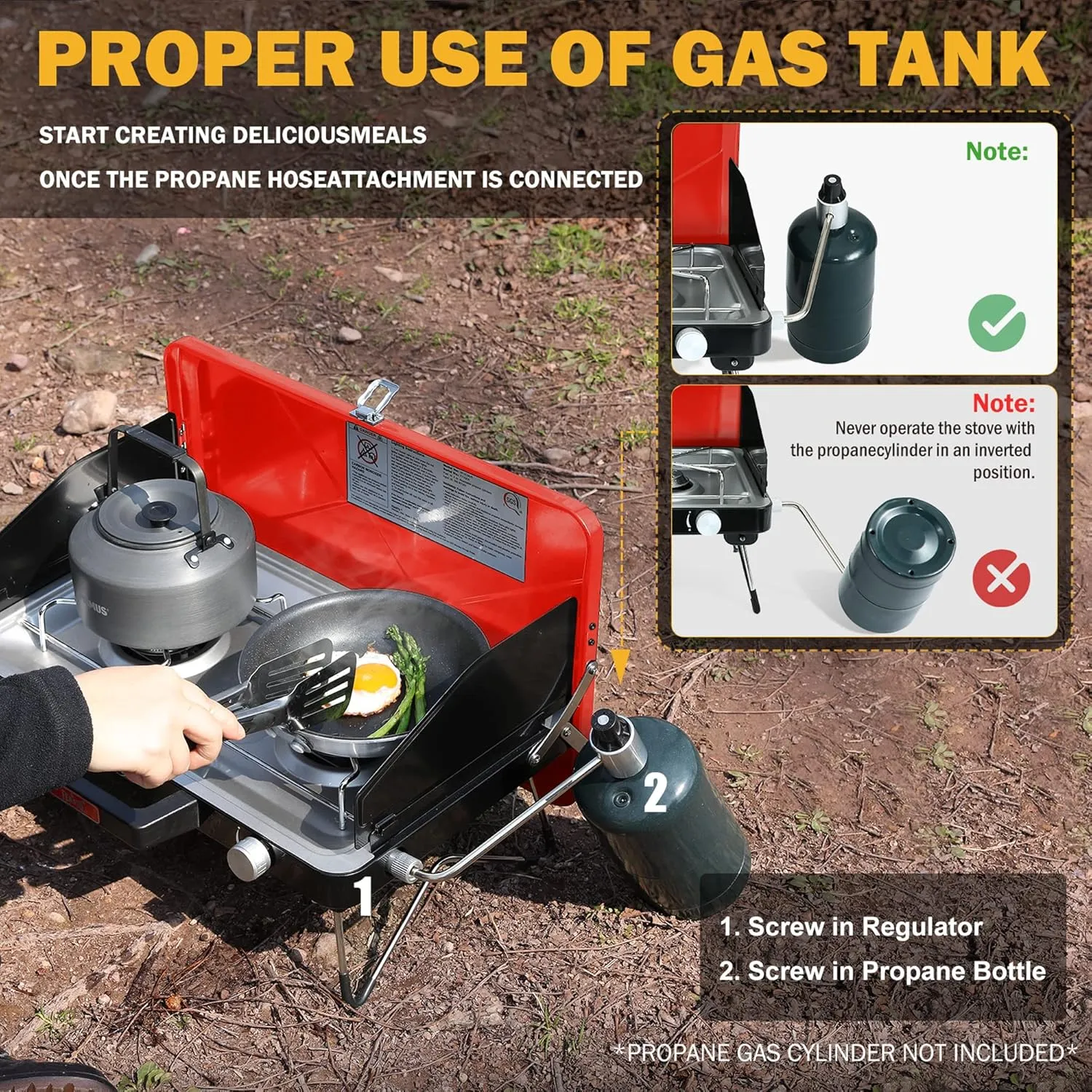 Camping Propane Stove, Portable Camping Grill Stove, Push-Button Ignition, Adjustable Windproof Burners, Wind Guards, Folding Legs, 28,000 BTU Camping Stove, Outdoor Camping Cooking, Picnic