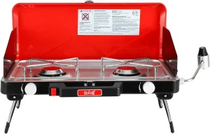 Camping Propane Stove, Portable Camping Grill Stove, Push-Button Ignition, Adjustable Windproof Burners, Wind Guards, Folding Legs, 28,000 BTU Camping Stove, Outdoor Camping Cooking, Picnic