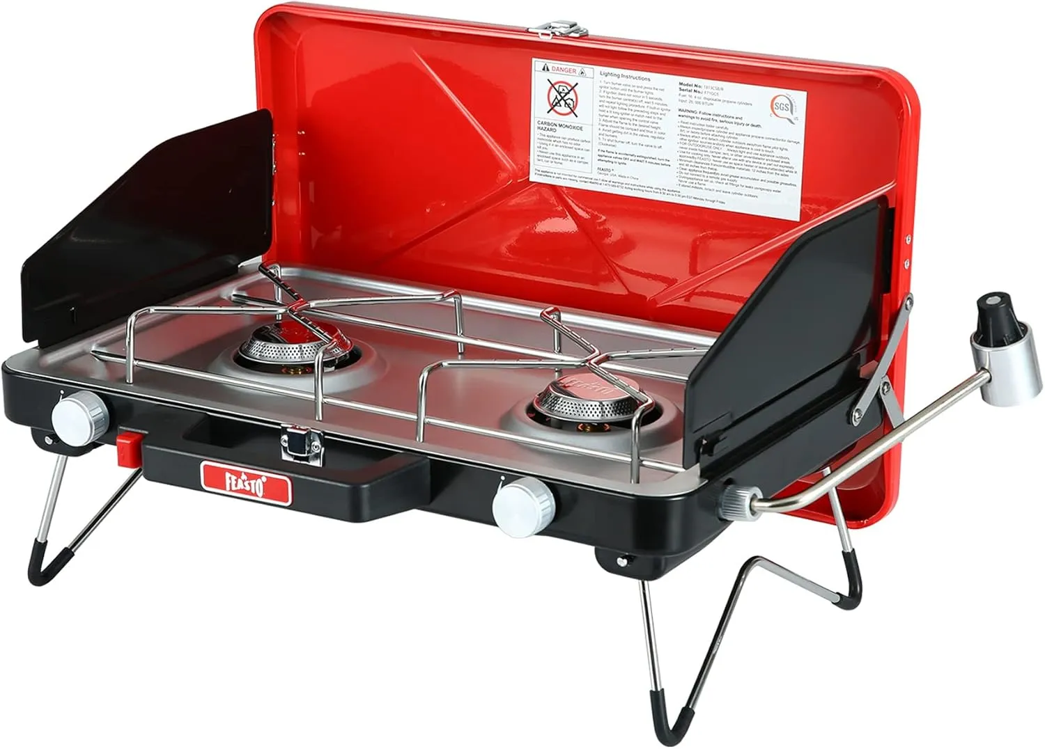 Camping Propane Stove, Portable Camping Grill Stove, Push-Button Ignition, Adjustable Windproof Burners, Wind Guards, Folding Legs, 28,000 BTU Camping Stove, Outdoor Camping Cooking, Picnic