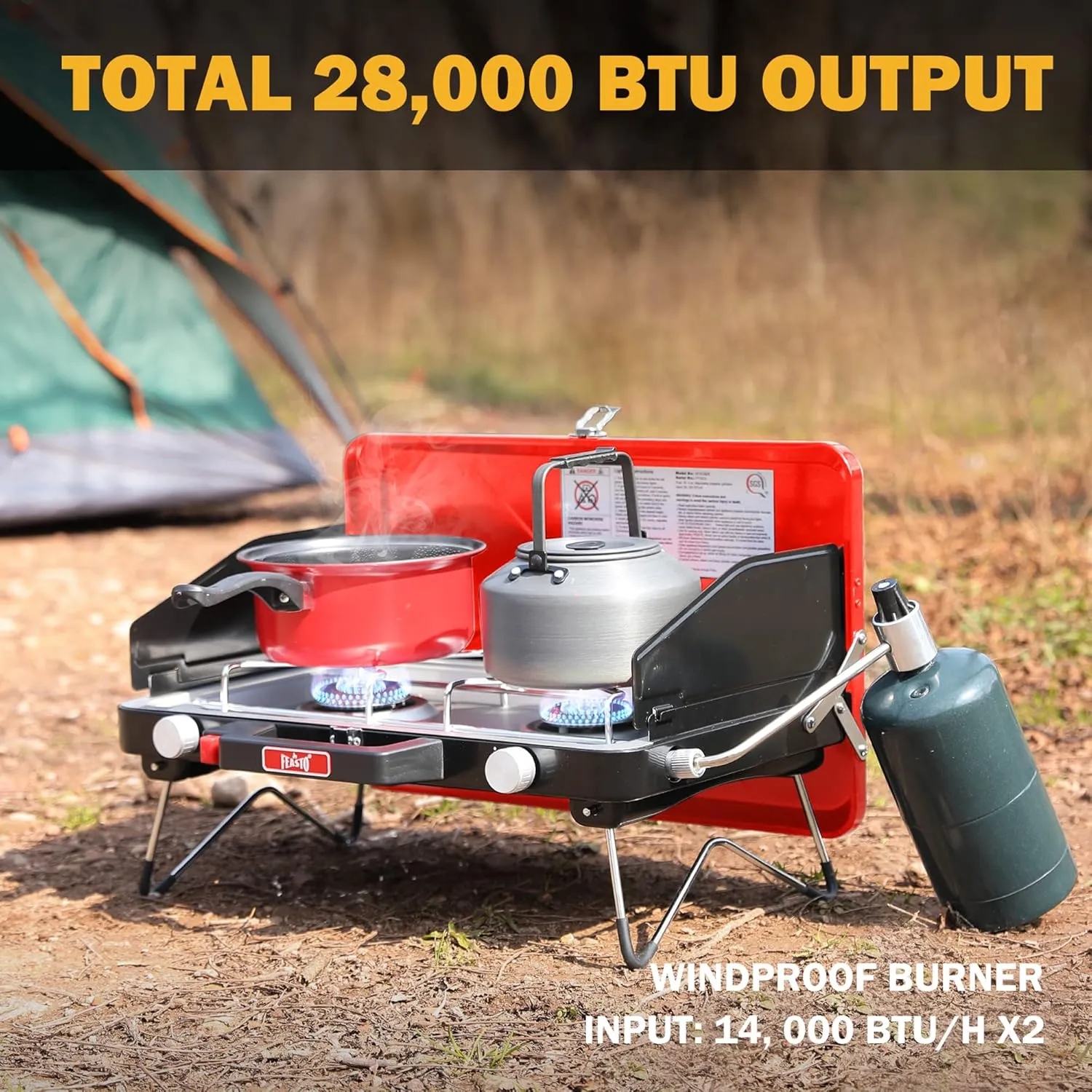 Camping Propane Stove, Portable Camping Grill Stove, Push-Button Ignition, Adjustable Windproof Burners, Wind Guards, Folding Legs, 28,000 BTU Camping Stove, Outdoor Camping Cooking, Picnic