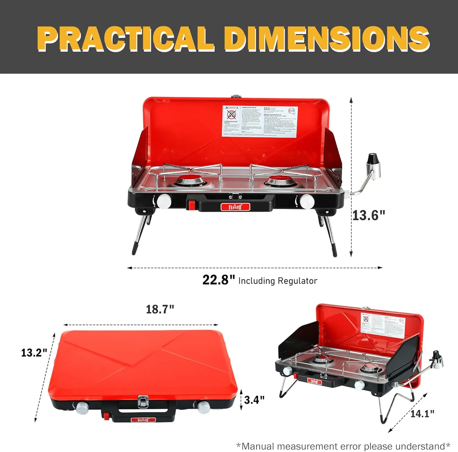 Camping Propane Stove, Portable Camping Grill Stove, Push-Button Ignition, Adjustable Windproof Burners, Wind Guards, Folding Legs, 28,000 BTU Camping Stove, Outdoor Camping Cooking, Picnic