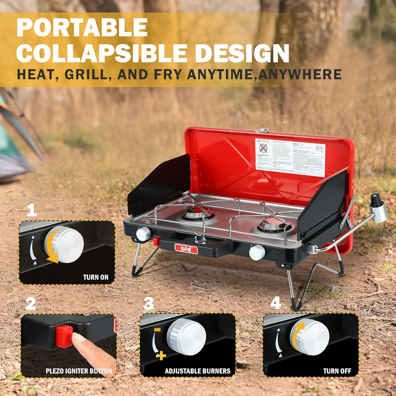 Camping Propane Stove, Portable Camping Grill Stove, Push-Button Ignition, Adjustable Windproof Burners, Wind Guards, Folding Legs, 28,000 BTU Camping Stove, Outdoor Camping Cooking, Picnic
