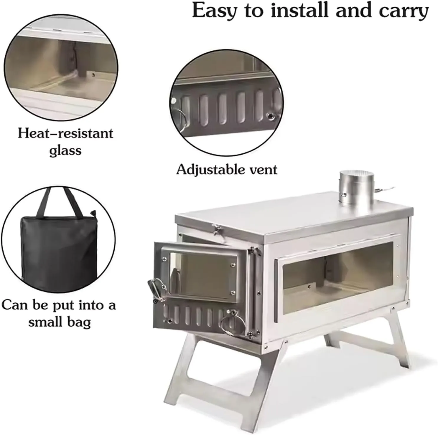Camping Stove for Hot Tents Folding Furnace，Wood Stove Stainless Steel With Folding Pipe, Portable Wood Stove For Camping, chimney Pipes for Tents Shelter Heating, Outdoor Cooking（Glass Baffle)