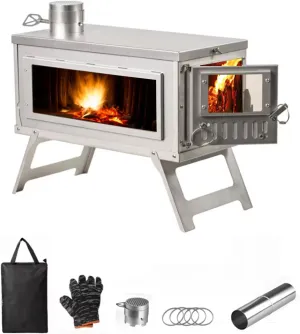 Camping Stove for Hot Tents Folding Furnace，Wood Stove Stainless Steel With Folding Pipe, Portable Wood Stove For Camping, chimney Pipes for Tents Shelter Heating, Outdoor Cooking（Glass Baffle)