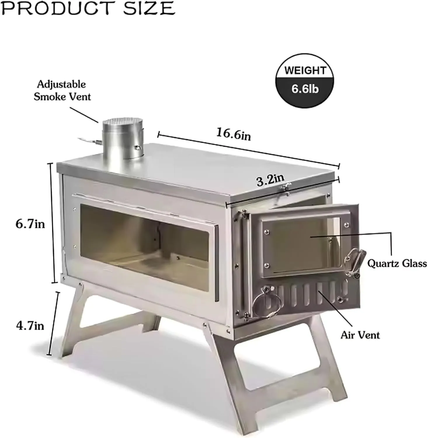 Camping Stove for Hot Tents Folding Furnace，Wood Stove Stainless Steel With Folding Pipe, Portable Wood Stove For Camping, chimney Pipes for Tents Shelter Heating, Outdoor Cooking（Glass Baffle)