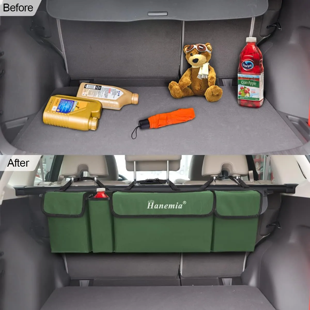 Car Trunk Organizer and Storage, Backseat Hanging Organizer for SUV, Truck, MPV, Waterproof, Collapsible Cargo Storage Bag with 4 Pockets, Car Accessories for Men and Women (Army Green)