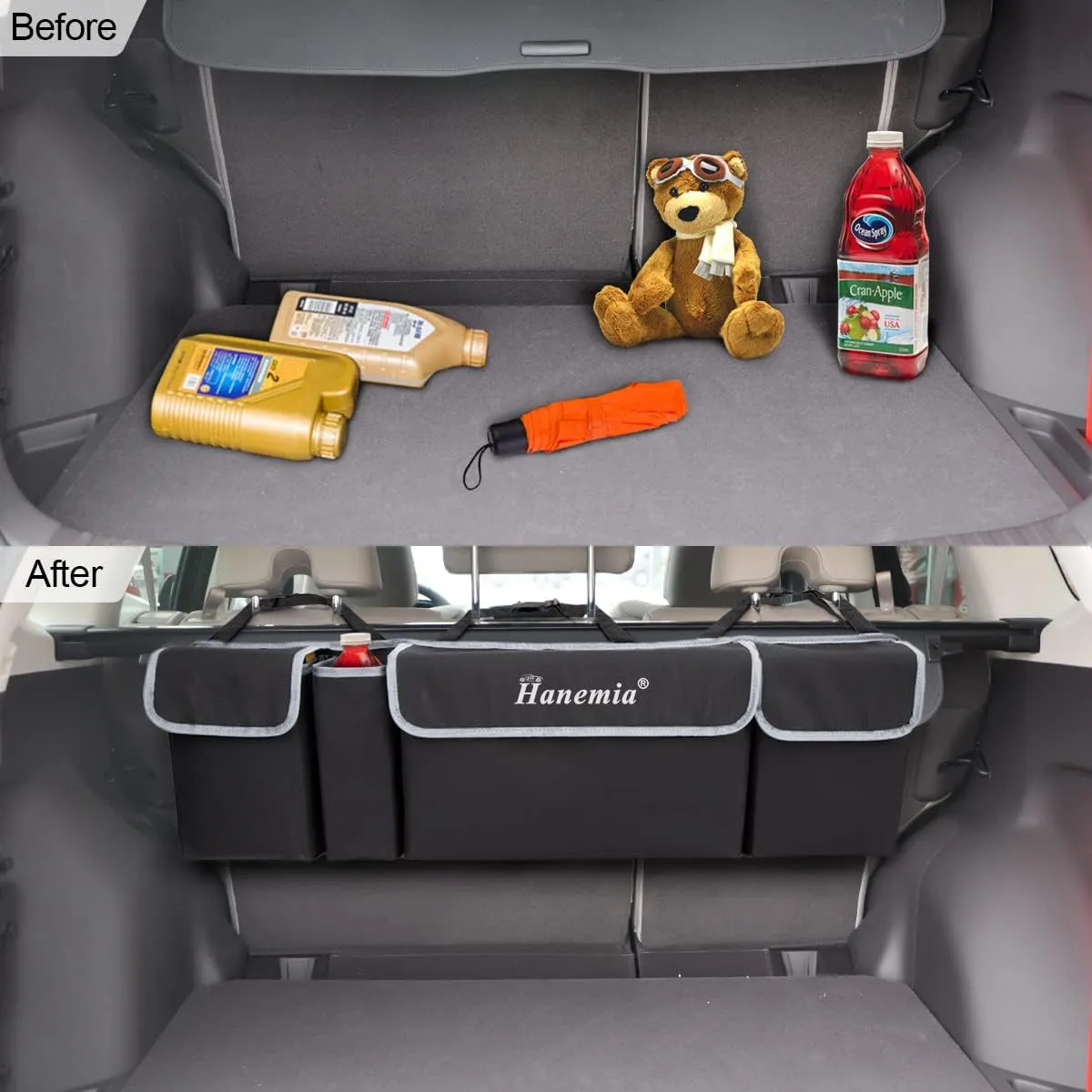 Car Trunk Organizer and Storage, Backseat Hanging Organizer for SUV, Truck, MPV, Waterproof, Collapsible Cargo Storage Bag with 4 Pockets, Car Interior Accessories for Men and Women (Black)
