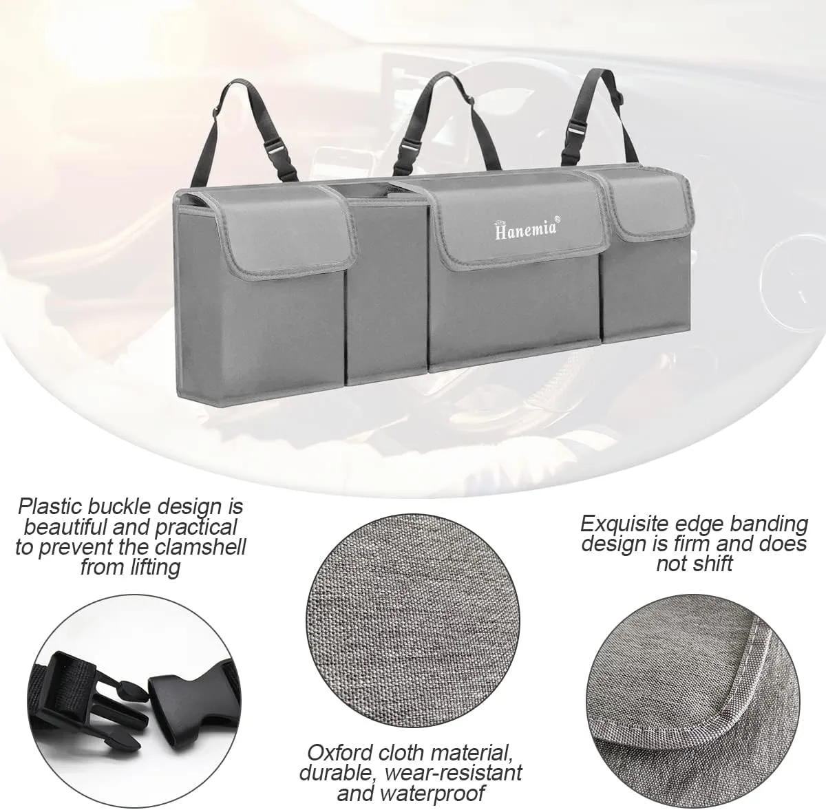 Car Trunk Organizer and Storage, Backseat Hanging Organizer for SUV, Truck, MPV, Waterproof, Collapsible Cargo Storage Bag with 4 Pockets, Car Interior Accessories (Gray)