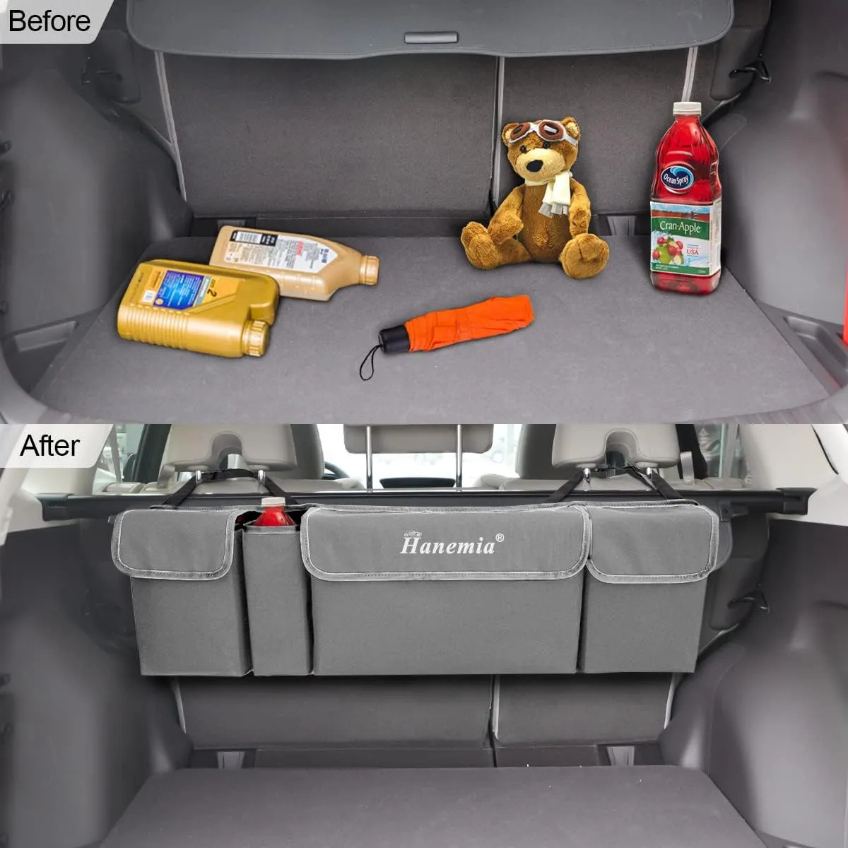Car Trunk Organizer and Storage, Backseat Hanging Organizer for SUV, Truck, MPV, Waterproof, Collapsible Cargo Storage Bag with 4 Pockets, Car Interior Accessories (Gray)