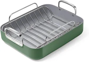 Caraway Roasting Pan - 16x13” Roasting Pan with Rack - Non-Stick Ceramic Coated - Non Toxic, PTFE & PFOA Free - Oven Safe & Compatible with All Stovetops - Sage