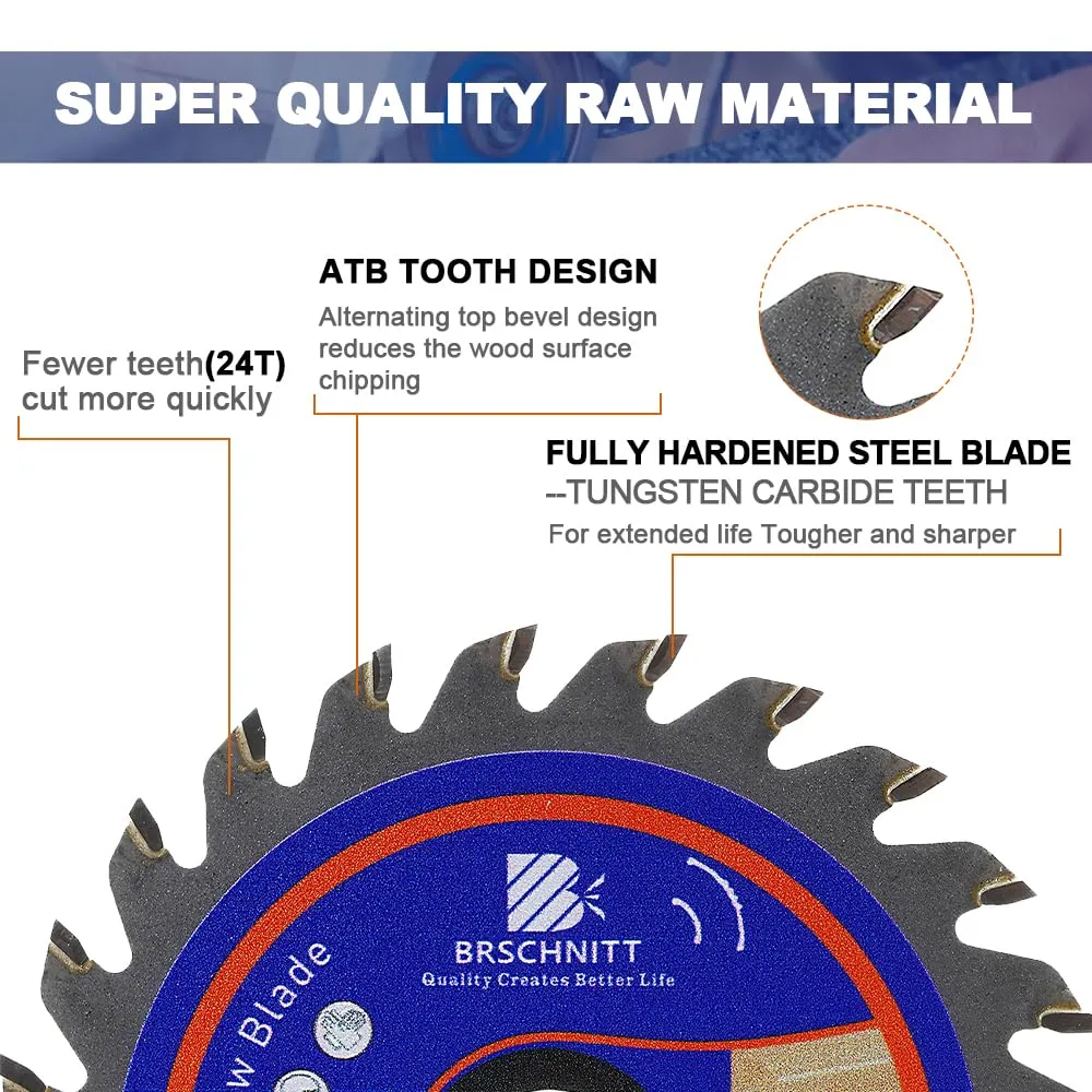 Carbide Tipped Teeth Compact Circular Saw Blade 24T 3 3/8"- BRSCHNITT 5pcs Wood Cutting Saw Blade for General Purpose Cutting & Trimming Wood, Plastic and Composite Materials Arbor:3/5"-3/8"