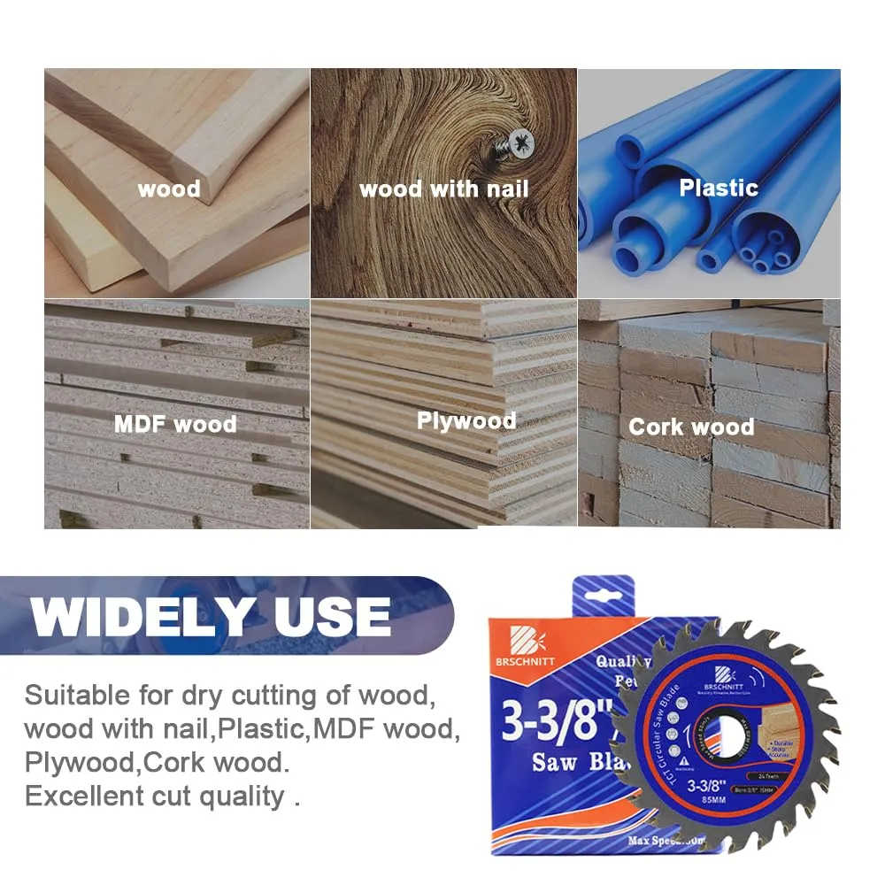 Carbide Tipped Teeth Compact Circular Saw Blade 24T 3 3/8"- BRSCHNITT 5pcs Wood Cutting Saw Blade for General Purpose Cutting & Trimming Wood, Plastic and Composite Materials Arbor:3/5"-3/8"