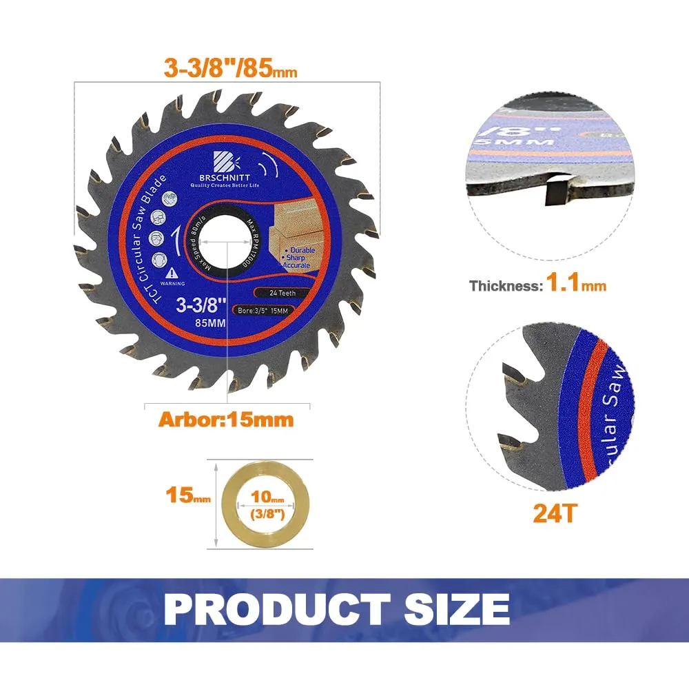 Carbide Tipped Teeth Compact Circular Saw Blade 24T 3 3/8"- BRSCHNITT 5pcs Wood Cutting Saw Blade for General Purpose Cutting & Trimming Wood, Plastic and Composite Materials Arbor:3/5"-3/8"
