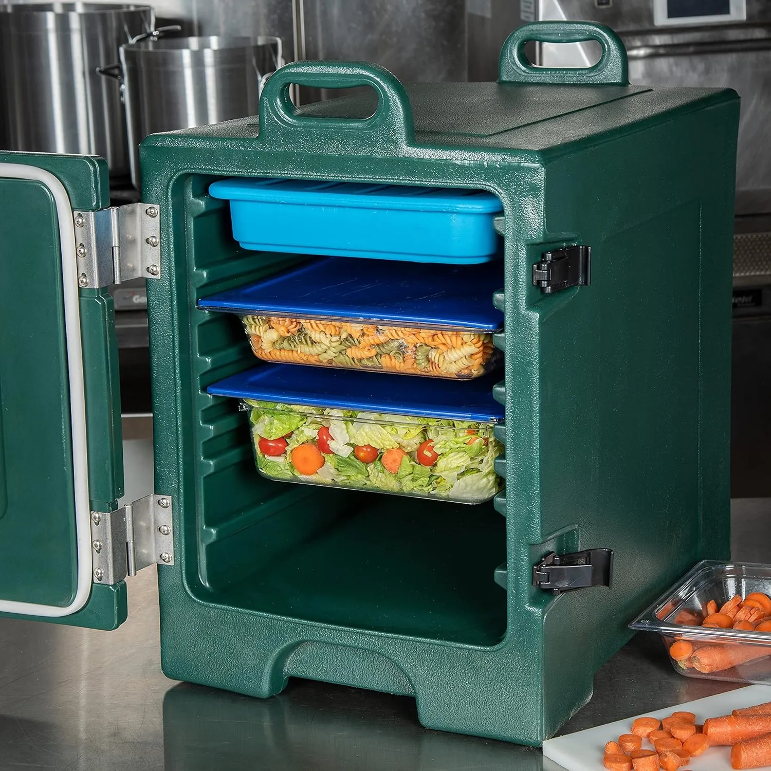 Carlisle FoodService Products Cateraide Insulated Front Loading Food Pan Carrier with Handles for Catering, Events, and Restaurants, Plastic, 5 Pans, Forest Green