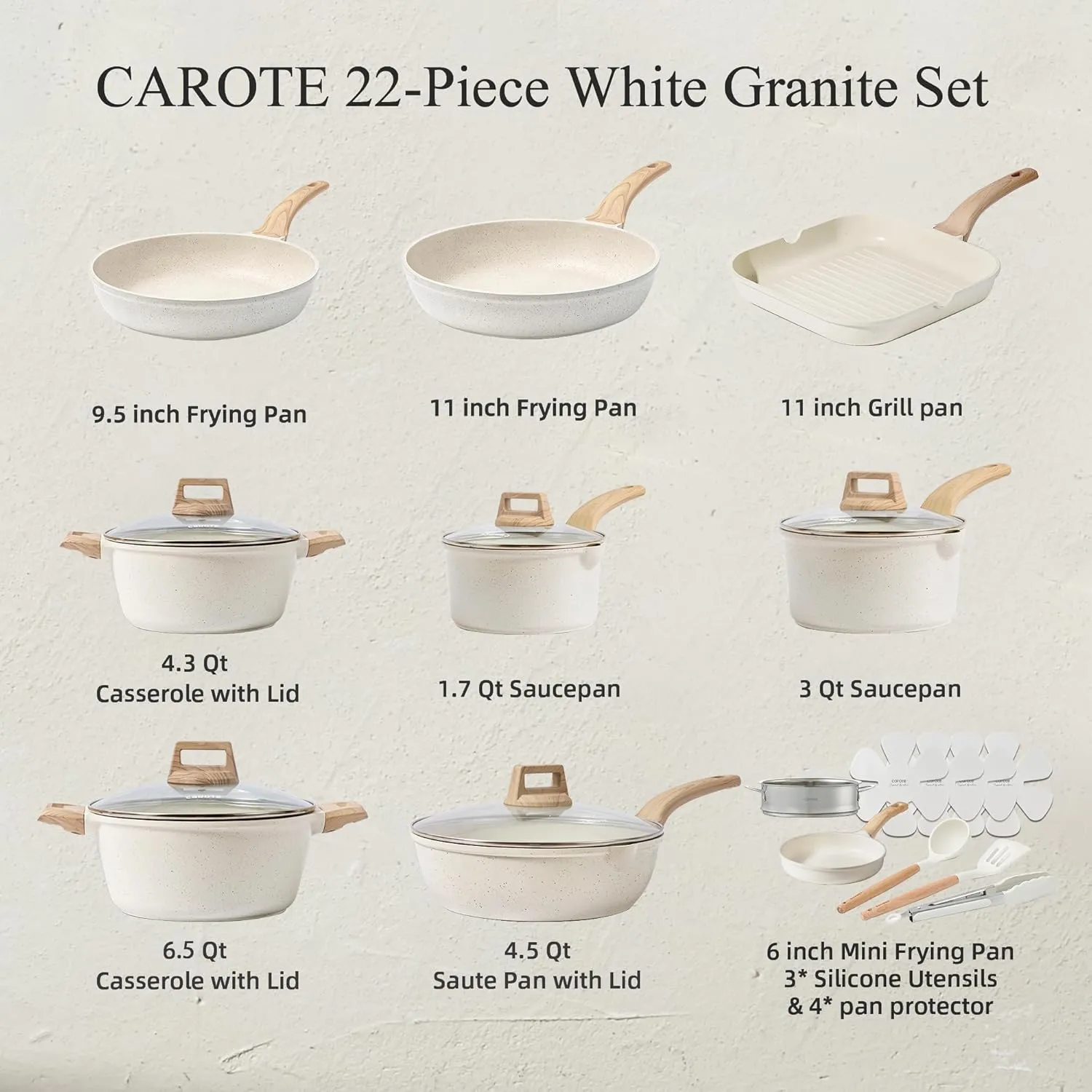 CAROTE 22pcs Pots and Pans Set Nonstick, Cookware Set White Granite Induction Kitchen Cooking Set w/Frying Pans & Saucepans& Grill Pan(PFOS, PFOA Free)