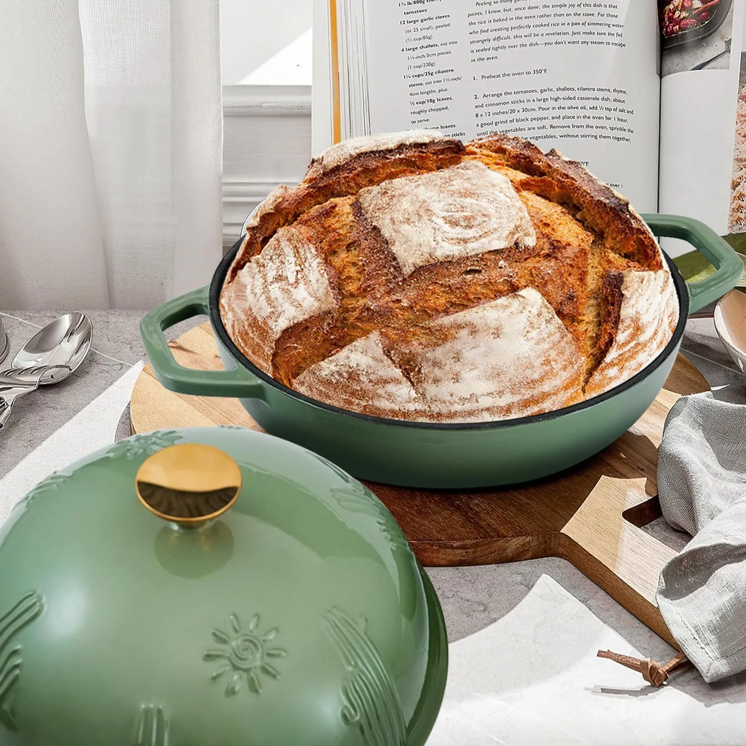Cast Iron Bread Dutch Oven with Cloche Lid for Bread Baking Darkcyan Enameled Cast Iron Bread Oven with Dome Lid for Sourdough 5 qt