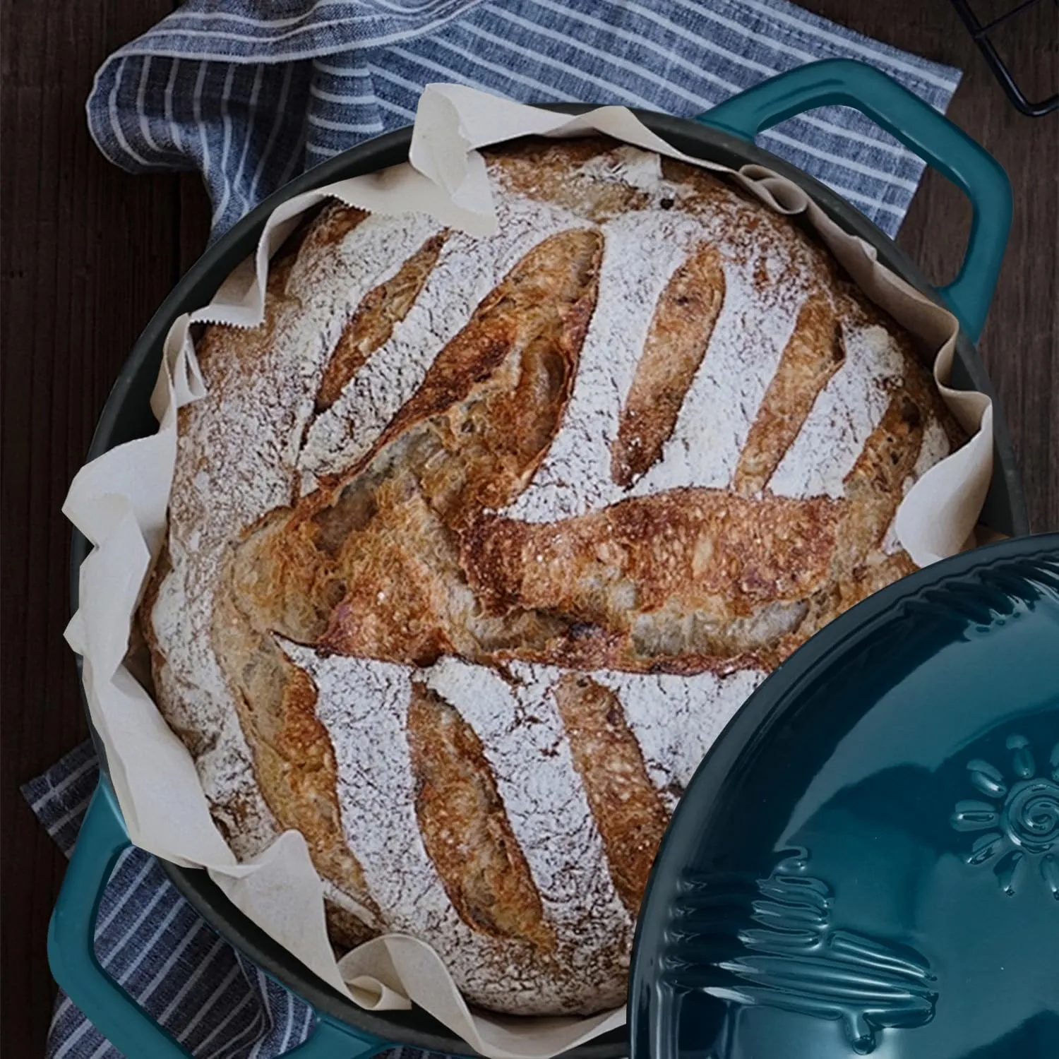 Cast Iron Bread Dutch Oven with Cloche Lid for Bread Baking Darkcyan Enameled Cast Iron Bread Oven with Dome Lid for Sourdough 5 qt