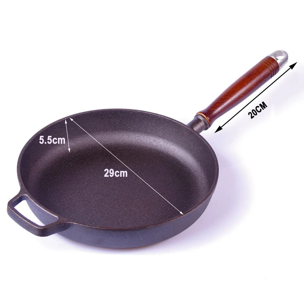 Cast Iron Fry Pan 29cm Pre-Seasoned Cookware with Heat-Resistant Wooden Handle