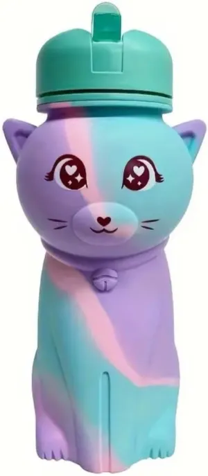 Cat Water Bottle,Collapsible Water Bottle for Kids,Cute Water Bottles -Kawaii Cat Appearance - Portable Leak Proof with Roll Up Foldable Silicone Features for Sports，BPA Free (Rainbow)