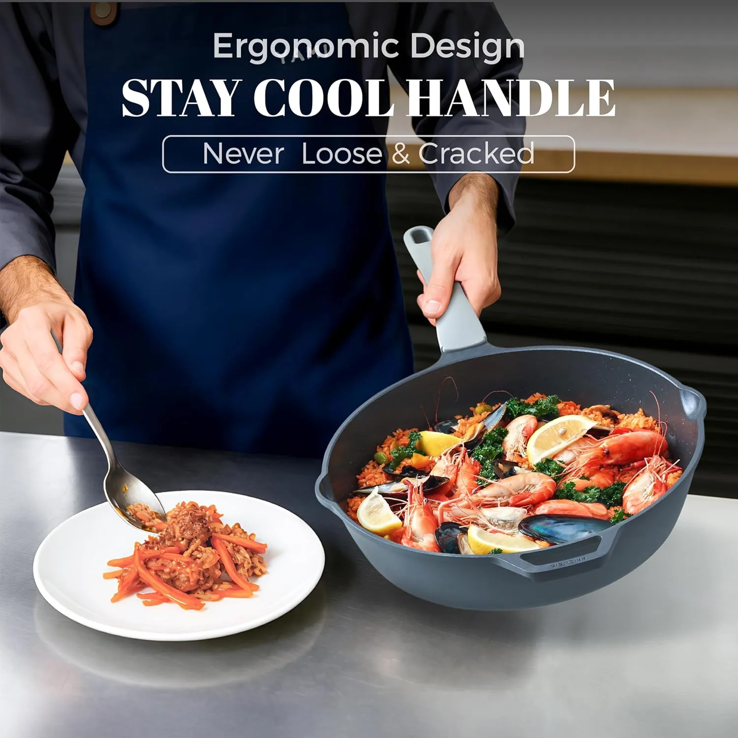 Ceramic Nonstick Deep Saute Pan with Lid, 10/12 Inch Non Toxic Pans with Double Pour Spout, Helper Handle and Lid, Metal Utennsil Safe, Dishwasher Safe, (12 Inch, Gray)
