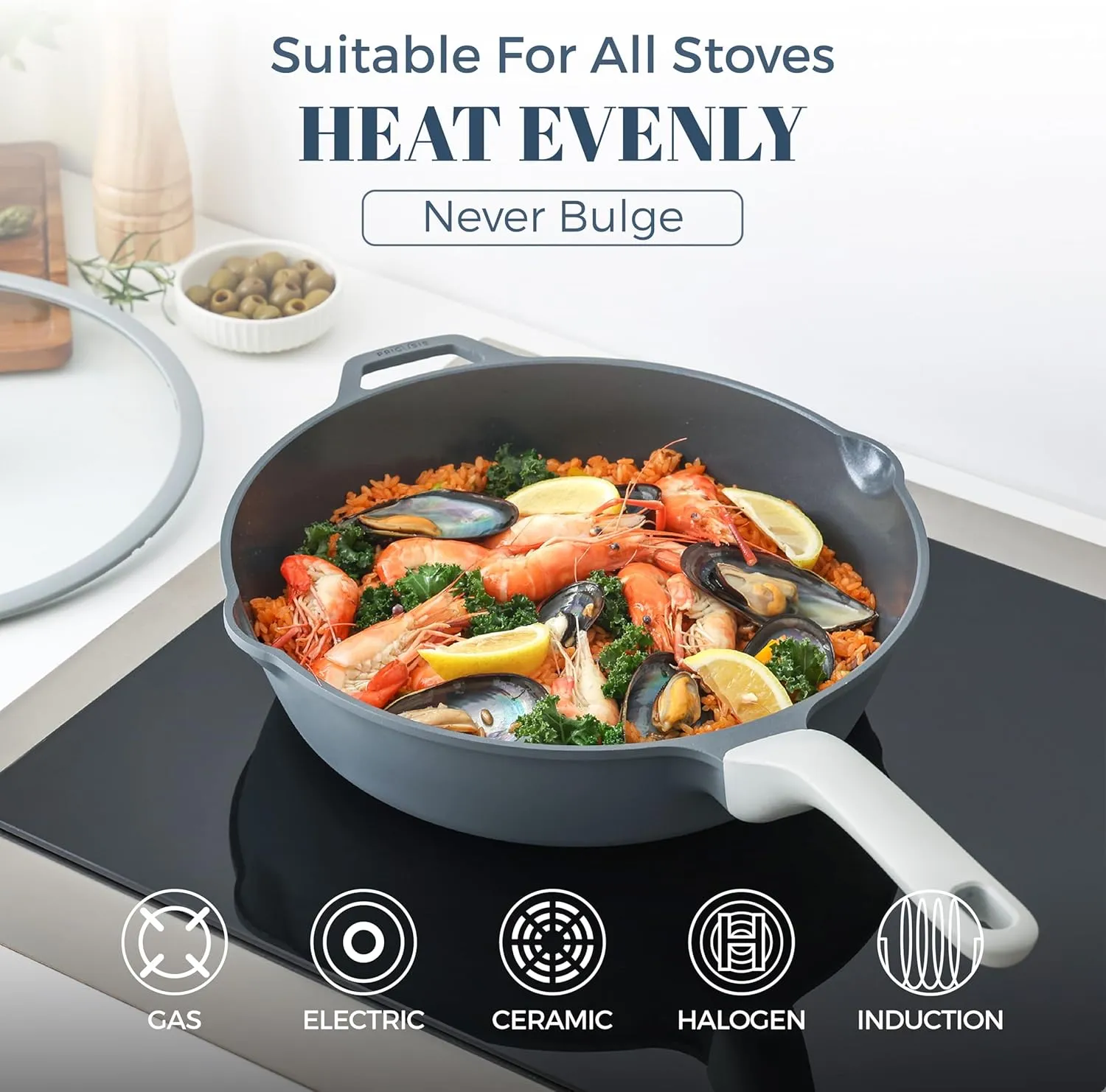 Ceramic Nonstick Deep Saute Pan with Lid, 10/12 Inch Non Toxic Pans with Double Pour Spout, Helper Handle and Lid, Metal Utennsil Safe, Dishwasher Safe, (12 Inch, Gray)