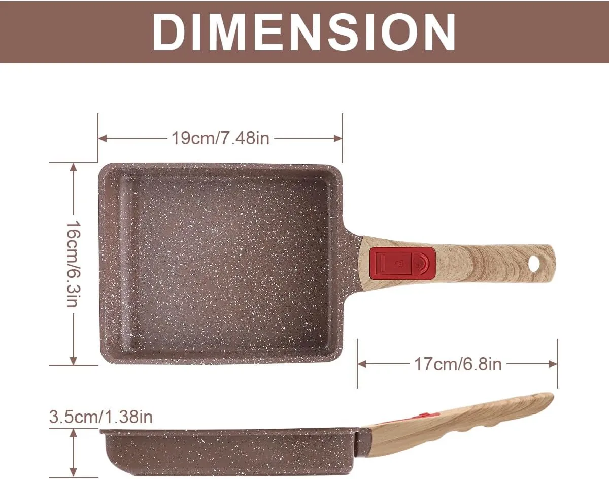 Ceramic Nonstick Tamagoyaki Pan, Japanese Omelette Pan egg pan with Detachable Handle, Oven& Dishwasher Safe, 7.48” x 6.8” (Brown)