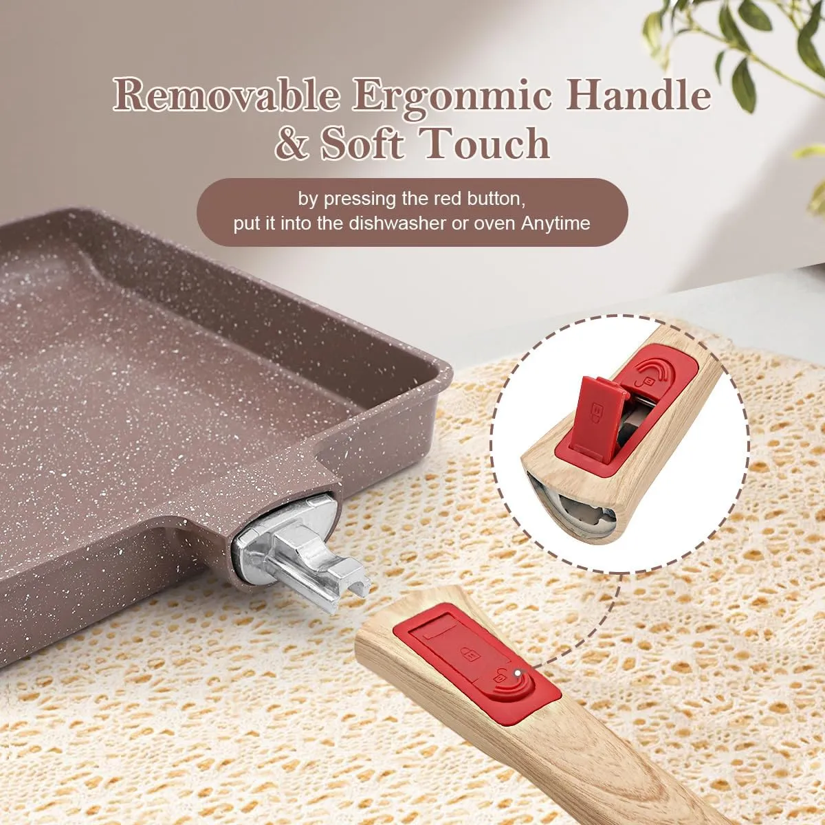 Ceramic Nonstick Tamagoyaki Pan, Japanese Omelette Pan egg pan with Detachable Handle, Oven& Dishwasher Safe, 7.48” x 6.8” (Brown)