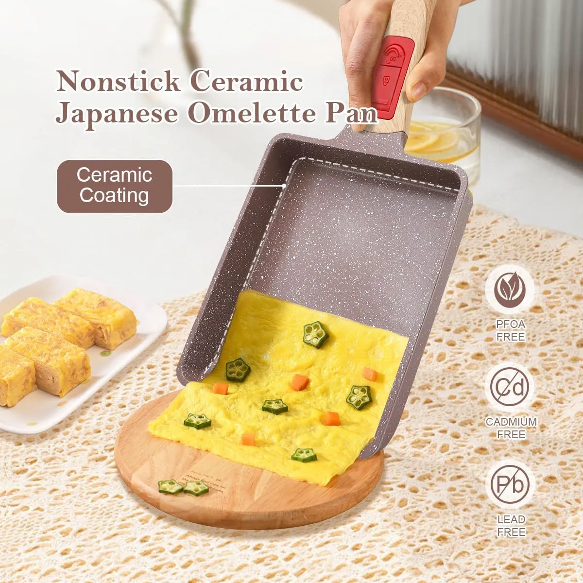 Ceramic Nonstick Tamagoyaki Pan, Japanese Omelette Pan egg pan with Detachable Handle, Oven& Dishwasher Safe, 7.48” x 6.8” (Brown)