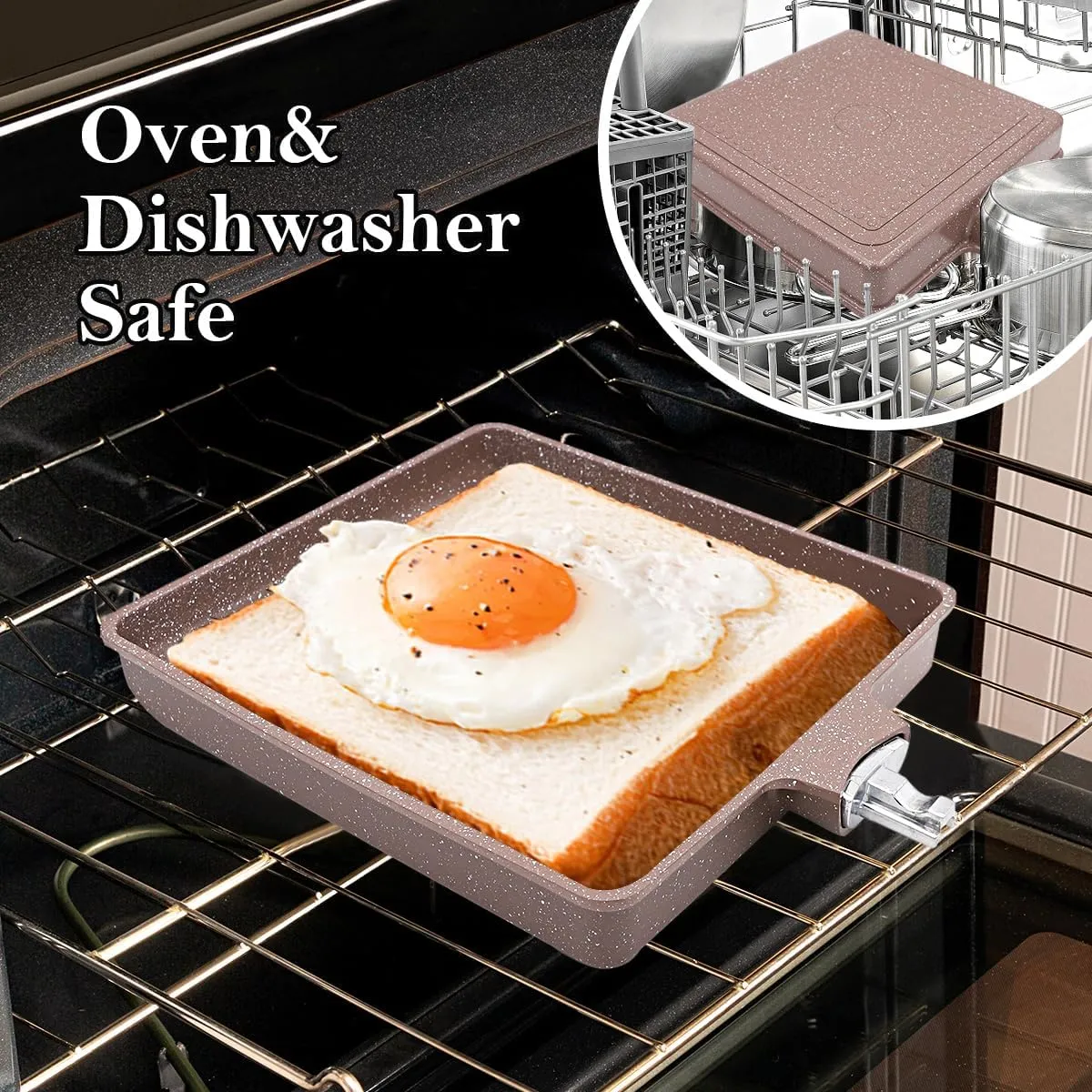 Ceramic Nonstick Tamagoyaki Pan, Large Japanese Omelette Pan Egg Pan with Detachable Handle, Oven& Dishwasher Safe, 9” x 8.2” (Brown)